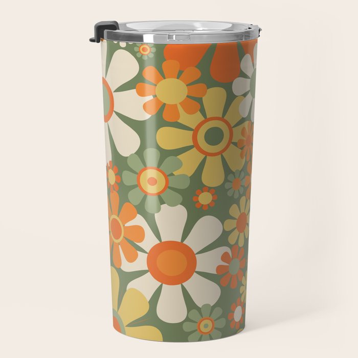 Retro Garden Flowers Groovy 60s 70s Floral Pattern in Mossy Sage Green Orange Yellow Travel Mug Gallery Image 3