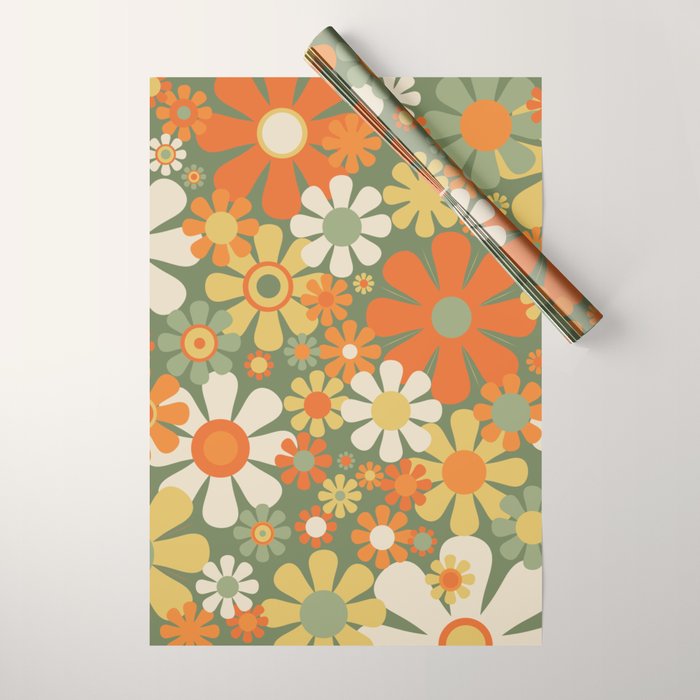 Retro Garden Flowers Groovy 60s 70s Floral Pattern in Mossy Sage Green Orange Yellow Wrapping Paper Gallery Image 1