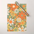 Retro Garden Flowers Groovy 60s 70s Floral Pattern in Mossy Sage Green Orange Yellow Wrapping Paper Gallery Image 1
