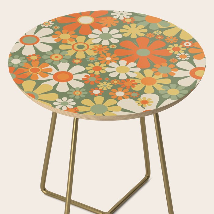 Retro Garden Flowers Groovy 60s 70s Floral Pattern in Mossy Sage Green Orange Yellow Side Table Gallery Image 2