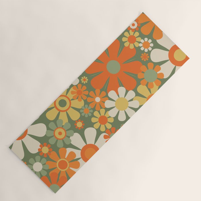 Retro Garden Flowers Groovy 60s 70s Floral Pattern in Mossy Sage Green Orange Yellow Yoga Mat Gallery Image 1
