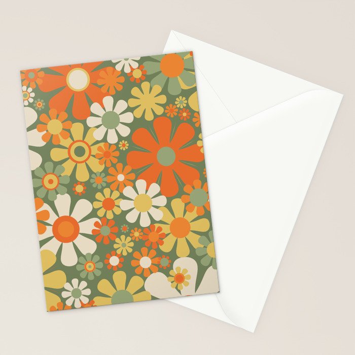 Retro Garden Flowers Groovy 60s 70s Floral Pattern in Mossy Sage Green Orange Yellow Stationery Card Gallery Image 2
