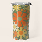 Retro Garden Flowers Groovy 60s 70s Floral Pattern in Mossy Sage Green Orange Yellow Travel Mug Gallery Image 2