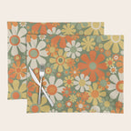 Retro Garden Flowers Groovy 60s 70s Floral Pattern in Mossy Sage Green Orange Yellow Placemat Gallery Image 1