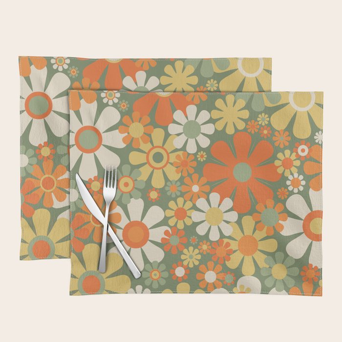 Retro Garden Flowers Groovy 60s 70s Floral Pattern in Mossy Sage Green Orange Yellow Placemat Gallery Image 1