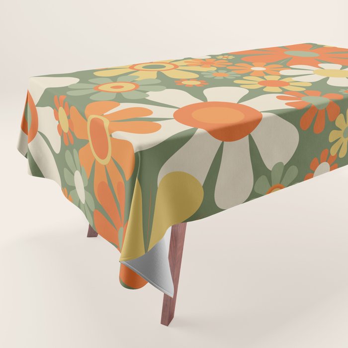 Retro Garden Flowers Groovy 60s 70s Floral Pattern in Mossy Sage Green Orange Yellow Tablecloth Gallery Image 1