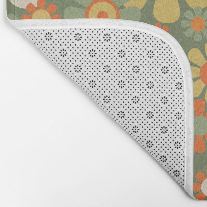 Retro Garden Flowers Groovy 60s 70s Floral Pattern in Mossy Sage Green Orange Yellow Bath Mat Gallery Image 2