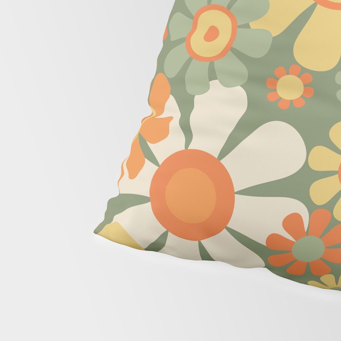Retro Garden Flowers Groovy 60s 70s Floral Pattern in Mossy Sage Green Orange Yellow Pillow Sham Gallery Image 4