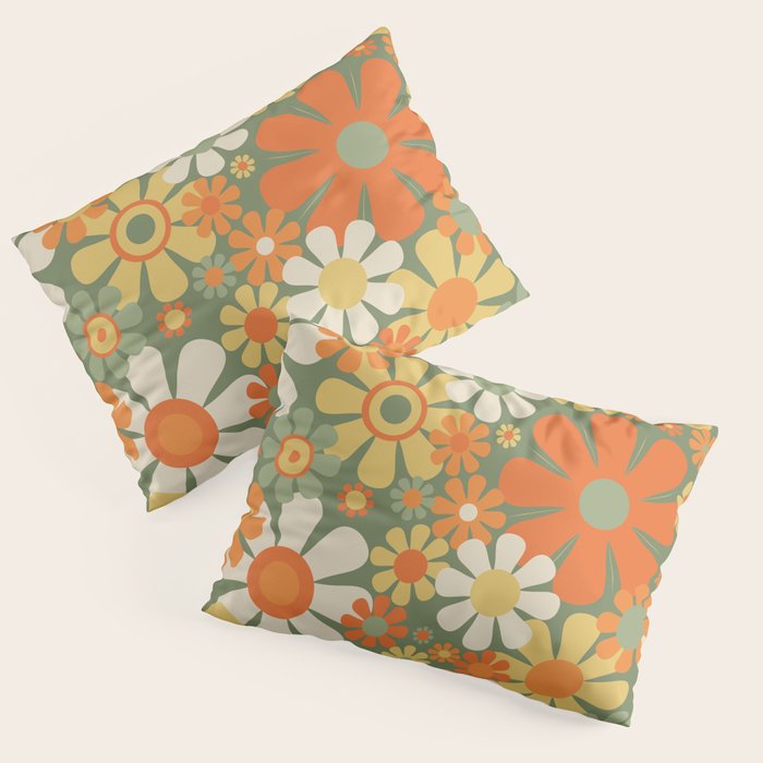 Retro Garden Flowers Groovy 60s 70s Floral Pattern in Mossy Sage Green Orange Yellow Pillow Sham Gallery Image 1