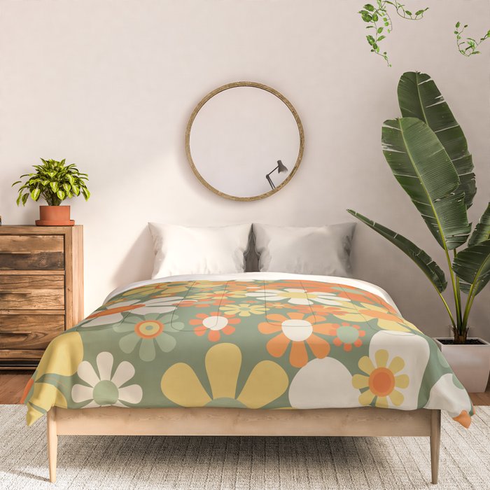 Retro Garden Flowers Groovy 60s 70s Floral Pattern in Mossy Sage Green Orange Yellow Comforter Gallery Image 3