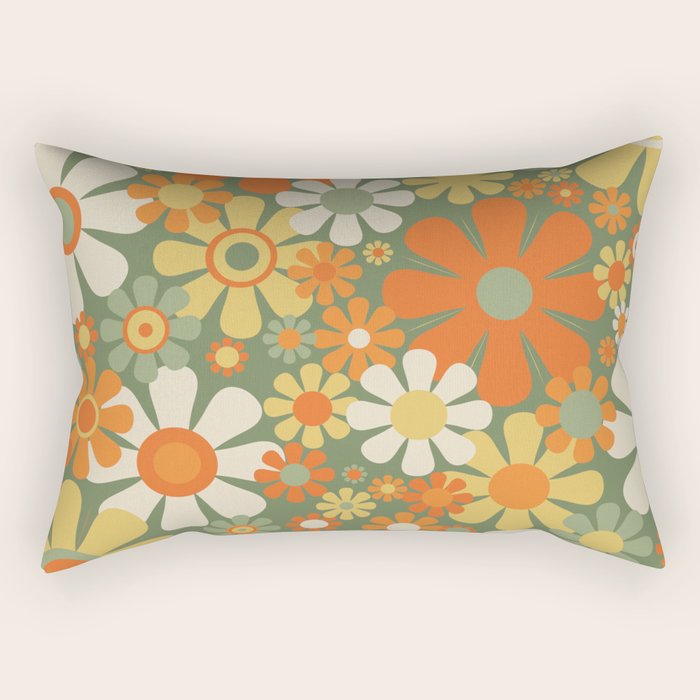 Retro Garden Flowers Groovy 60s 70s Floral Pattern in Mossy Sage Green Orange Yellow Rectangular Pillow Gallery Image 1