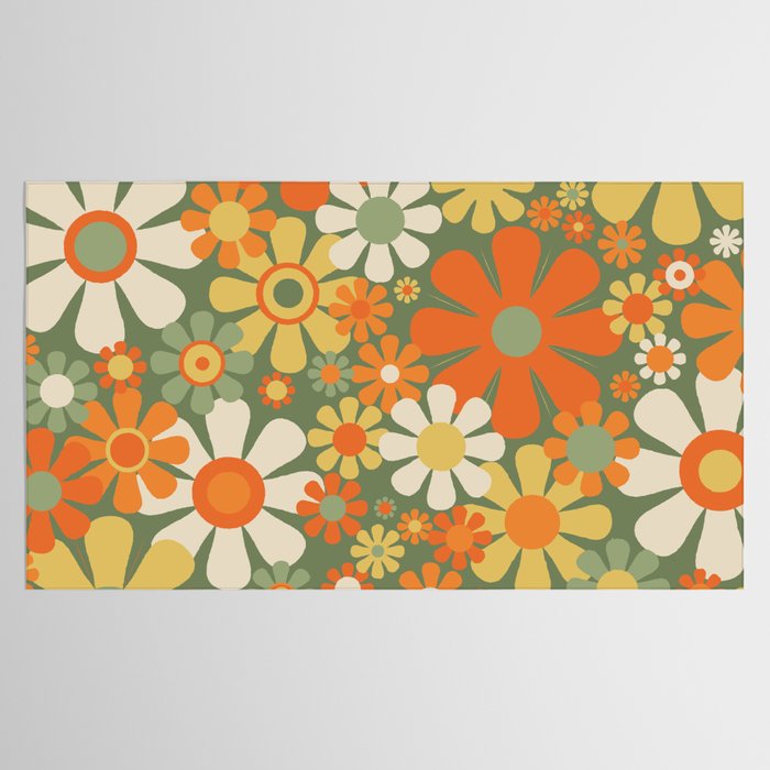 Retro Garden Flowers Groovy 60s 70s Floral Pattern in Mossy Sage Green Orange Yellow Tablecloth Gallery Image 2