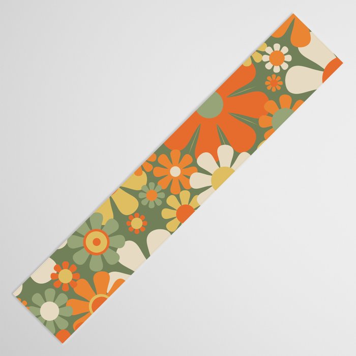 Retro Garden Flowers Groovy 60s 70s Floral Pattern in Mossy Sage Green Orange Yellow Table Runner Gallery Image 3
