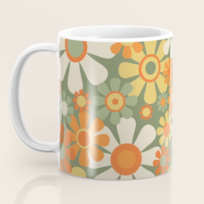 Retro Garden Flowers Groovy 60s 70s Floral Pattern in Mossy Sage Green Orange Yellow Coffee Mug Gallery Image 3