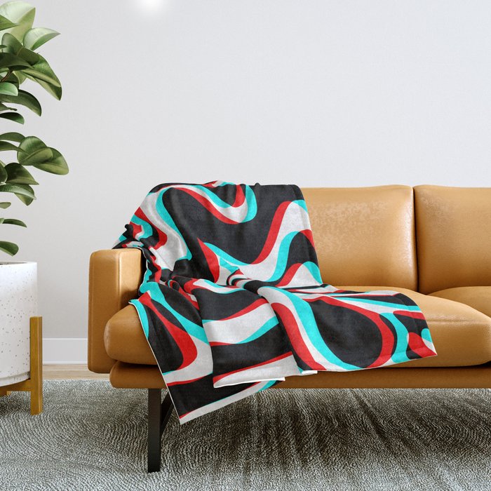 Trippy Glitch Retro Liquid Swirl Abstract Pattern Black White Red Cyan Throw Blanket Gallery Image 1