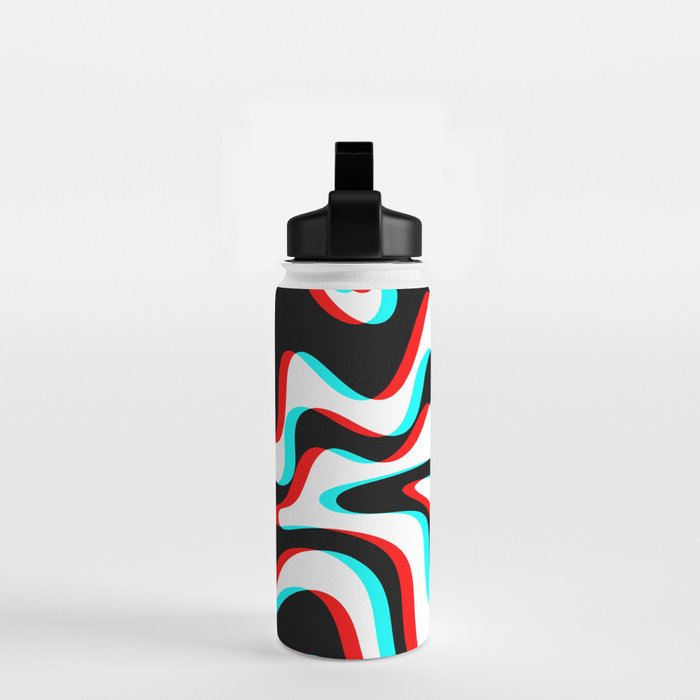 Trippy Glitch Retro Liquid Swirl Abstract Pattern Black White Red Cyan Water Bottle Gallery Image 2