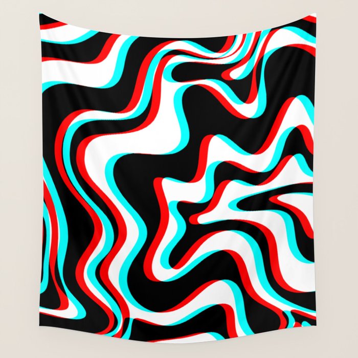 Trippy Glitch Retro Liquid Swirl Abstract Pattern Black White Red Cyan Wall Tapestry Gallery Image 1
