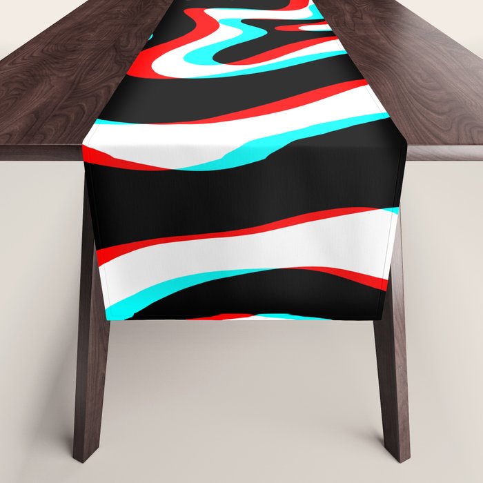 Trippy Glitch Retro Liquid Swirl Abstract Pattern Black White Red Cyan Table Runner Gallery Image 1