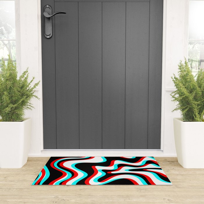 Trippy Glitch Retro Liquid Swirl Abstract Pattern Black White Red Cyan Welcome Mat Gallery Image 3