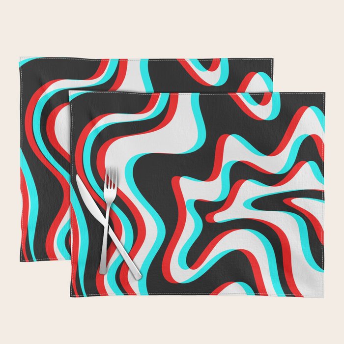 Trippy Glitch Retro Liquid Swirl Abstract Pattern Black White Red Cyan Placemat Gallery Image 1