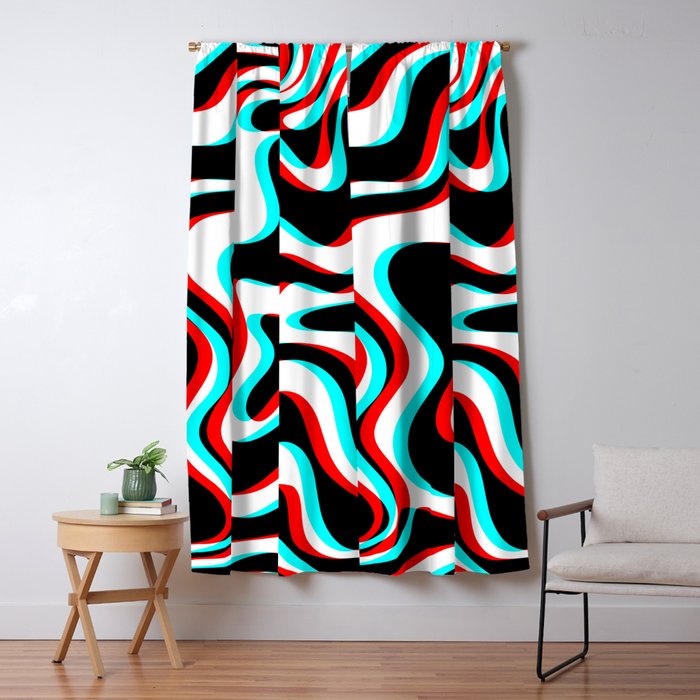 Trippy Glitch Retro Liquid Swirl Abstract Pattern Black White Red Cyan Window Curtain Gallery Image 5