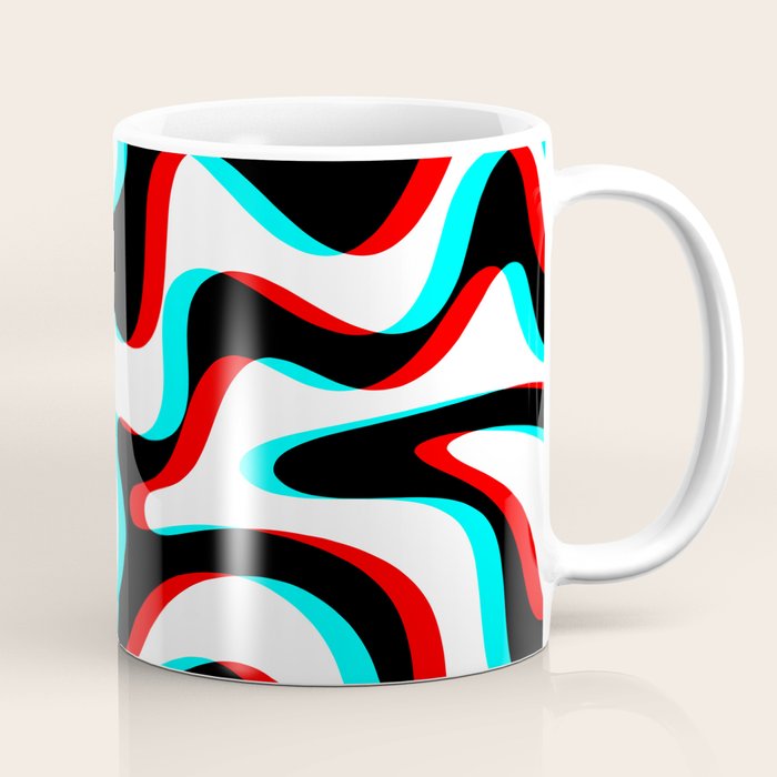 Trippy Glitch Retro Liquid Swirl Abstract Pattern Black White Red Cyan Coffee Mug Gallery Image 1