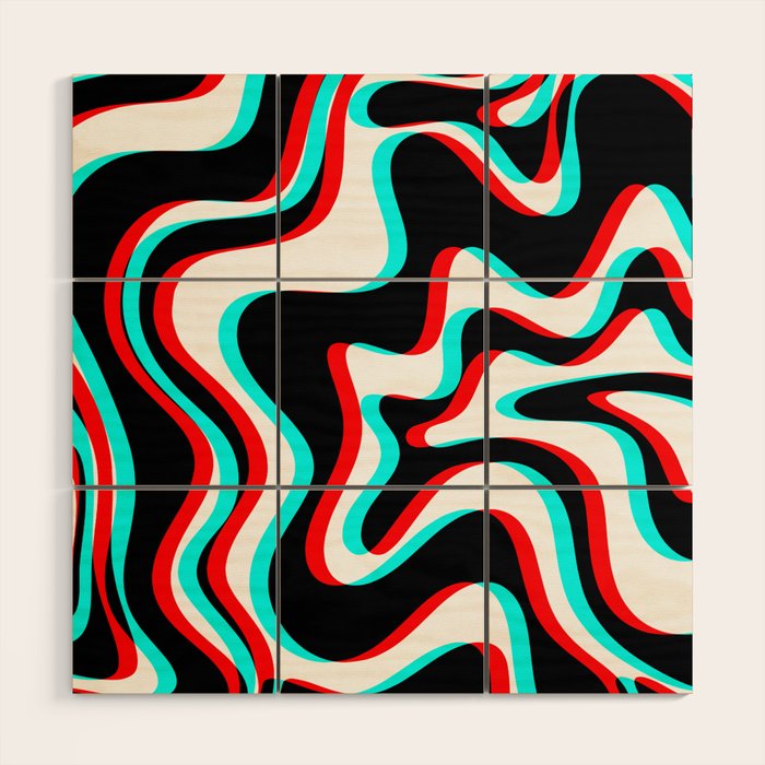 Trippy Glitch Retro Liquid Swirl Abstract Pattern Black White Red Cyan Wood Wall Art Gallery Image 1
