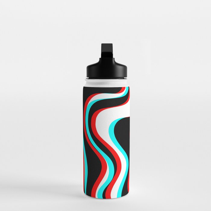 Trippy Glitch Retro Liquid Swirl Abstract Pattern Black White Red Cyan Water Bottle Gallery Image 3