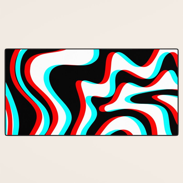 Trippy Glitch Retro Liquid Swirl Abstract Pattern Black White Red Cyan Desk Mat Gallery Image 3