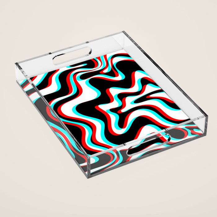 Trippy Glitch Retro Liquid Swirl Abstract Pattern Black White Red Cyan Acrylic Tray Gallery Image 1
