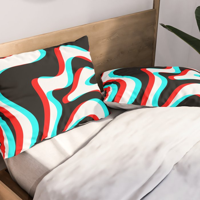 Trippy Glitch Retro Liquid Swirl Abstract Pattern Black White Red Cyan Pillow Sham Gallery Image 2