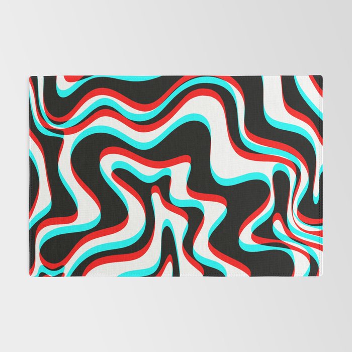 Trippy Glitch Retro Liquid Swirl Abstract Pattern Black White Red Cyan Rug Gallery Image 2