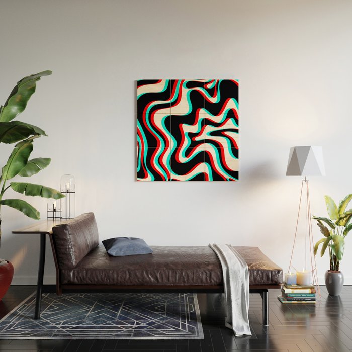 Trippy Glitch Retro Liquid Swirl Abstract Pattern Black White Red Cyan Wood Wall Art Gallery Image 2