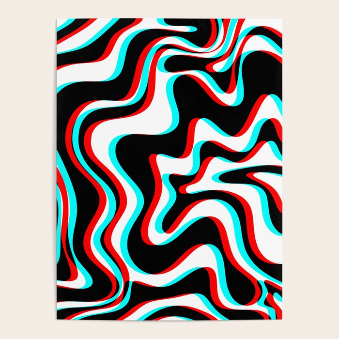 Trippy Glitch Retro Liquid Swirl Abstract Pattern Black White Red Cyan Poster Gallery Image 4