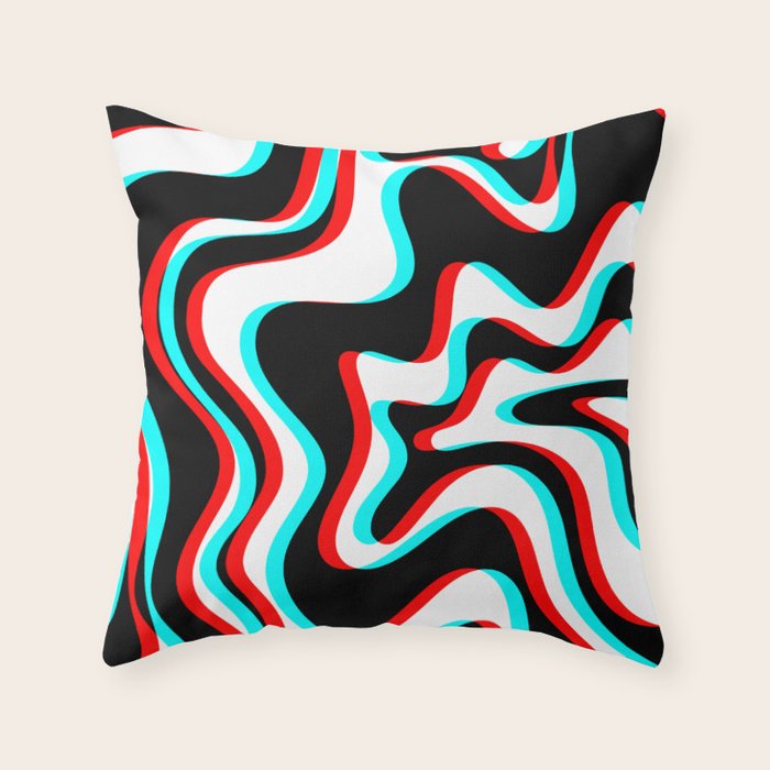 Trippy Glitch Retro Liquid Swirl Abstract Pattern Black White Red Cyan Throw Pillow Gallery Image 1