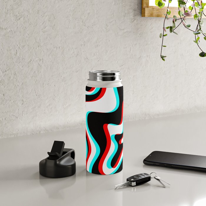 Trippy Glitch Retro Liquid Swirl Abstract Pattern Black White Red Cyan Water Bottle Gallery Image 4