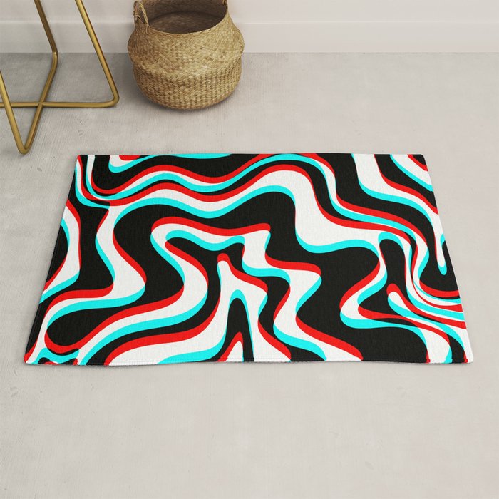 Trippy Glitch Retro Liquid Swirl Abstract Pattern Black White Red Cyan Rug Gallery Image 1