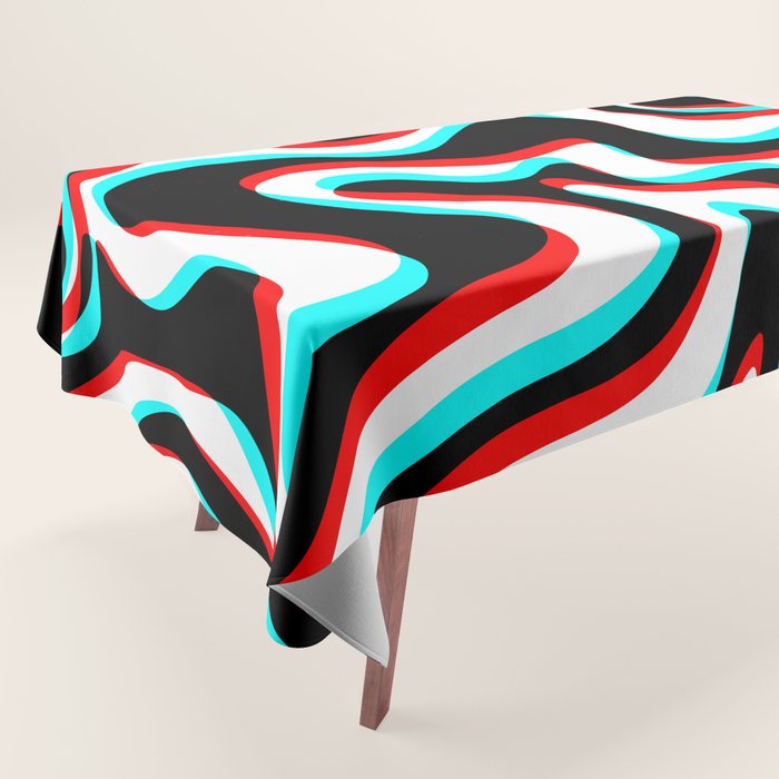 Trippy Glitch Retro Liquid Swirl Abstract Pattern Black White Red Cyan Tablecloth Gallery Image 1