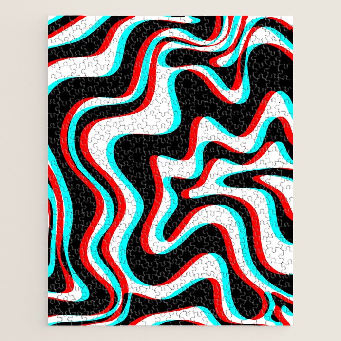 Trippy Glitch Retro Liquid Swirl Abstract Pattern Black White Red Cyan Jigsaw Puzzle Gallery Image 1