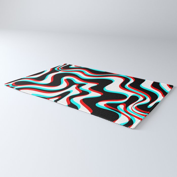 Trippy Glitch Retro Liquid Swirl Abstract Pattern Black White Red Cyan Rug Gallery Image 3