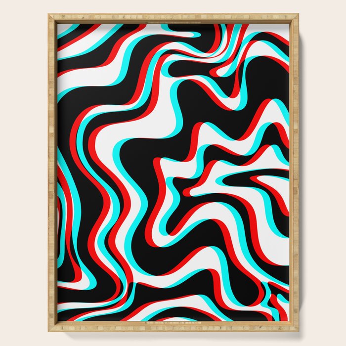 Trippy Glitch Retro Liquid Swirl Abstract Pattern Black White Red Cyan Serving Tray Gallery Image 1