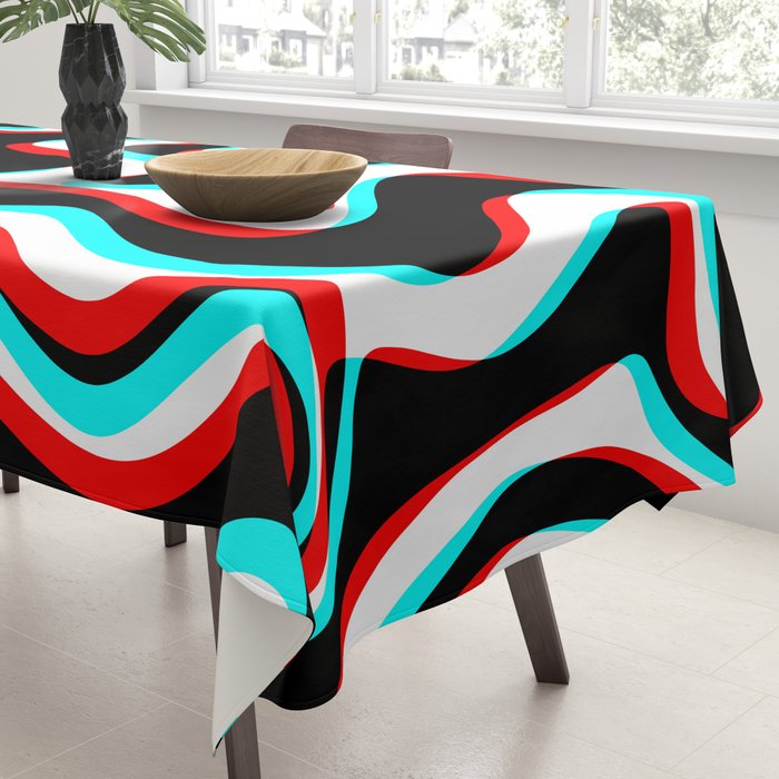 Trippy Glitch Retro Liquid Swirl Abstract Pattern Black White Red Cyan Tablecloth Gallery Image 3