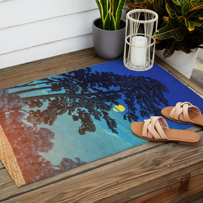Full Moon Rising - Nature Ukiyo Landscape in Blue & Black Outdoor Rug Gallery Image 2