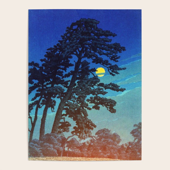 Full Moon Rising - Nature Ukiyo Landscape in Blue & Black Poster Gallery Image 1