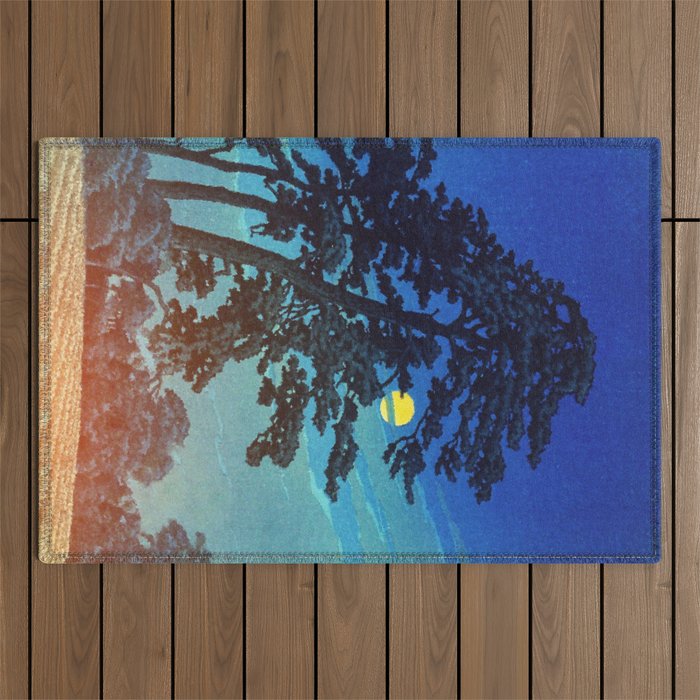 Full Moon Rising - Nature Ukiyo Landscape in Blue & Black Outdoor Rug Gallery Image 1