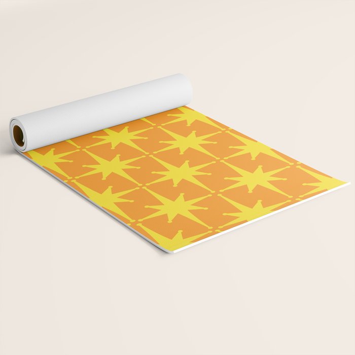 Mid Century Modern Atomic Age Starburst Pattern in Retro Orange and Yellow Yoga Mat Gallery Image 2