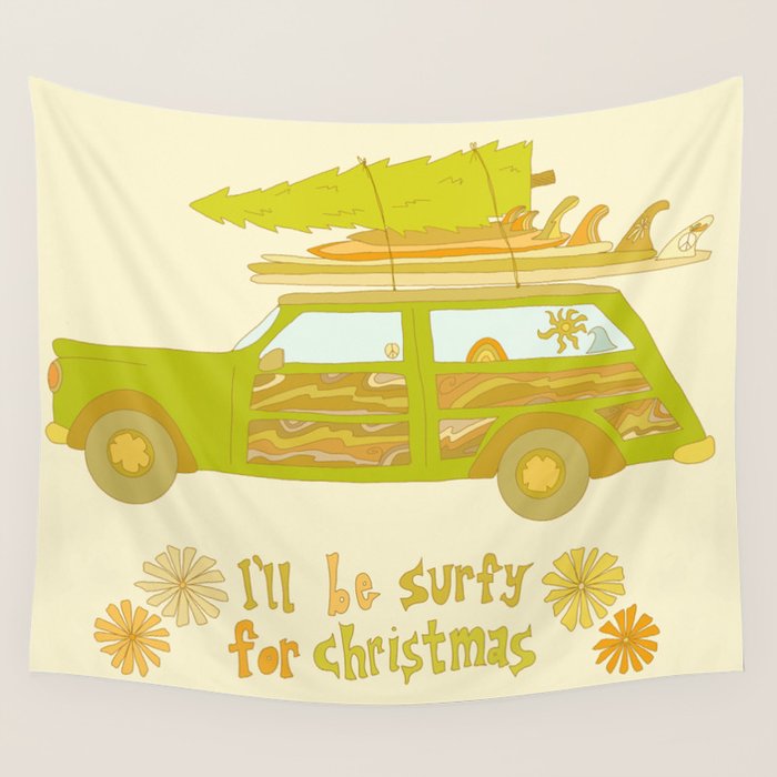 Surfy Christmas Wagon reto surf art by surfy birdy  Wall Tapestry Gallery Image 1