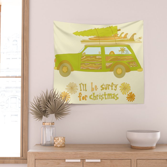 Surfy Christmas Wagon reto surf art by surfy birdy  Wall Tapestry Gallery Image 2