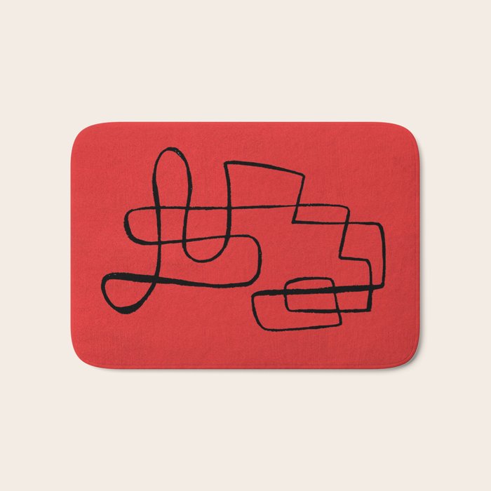 Minimalist Minimal Line Drawing Line Art Maze Red Painting Mid Century Modern Cool Retro Funky Trendy Bath Mat Gallery Image 1