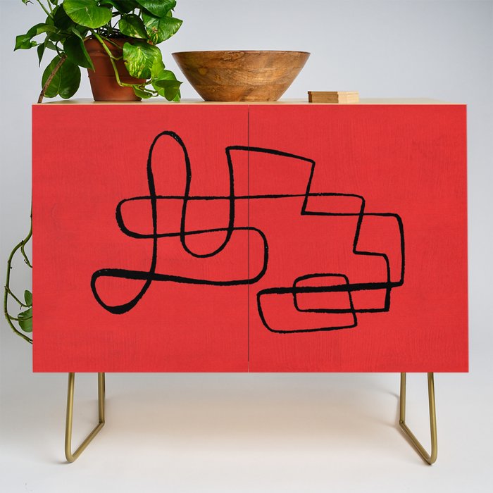Minimalist Minimal Line Drawing Line Art Maze Red Painting Mid Century Modern Cool Retro Funky Trendy Credenza Gallery Image 1